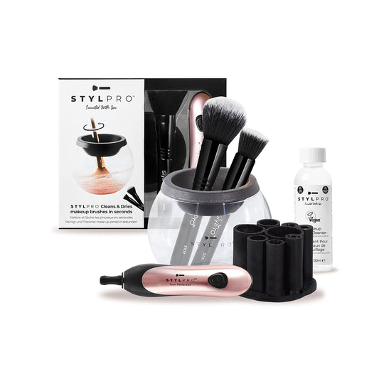 STYLPRO Premium Electric Makeup Brush Cleaner and Dryer Award Winning Gift Set including Coloured Spinning Device, Professional Brush Cleanser & 2x Makeup Brushes, Clean and Dry Brushes in Seconds