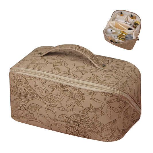 BAKLUCK Makeup Bag Large Capacity Travel Cosmetic Bag with Compartment Floral Makeup Bag Waterproof PU Leather Makeup Bag Portable Lay Flat Makeup Bag for Women and Girl Khaki Makeup Bag