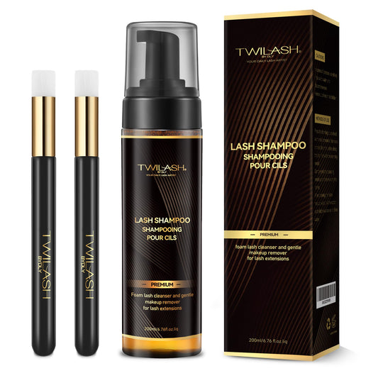 twilash by dly Lash Shampoo 200ml for Salon & Home Use - 200ml High-Purity Eyelash Cleanser, And Two Extended Handle Lash Shampoo Brushes